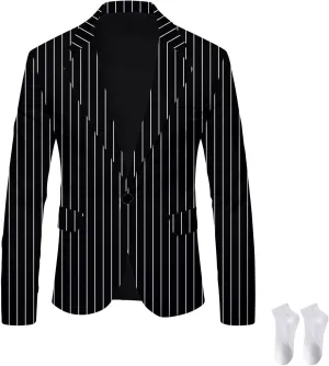Men's Black and White Striped Blazer, Business Button Casual Slim Fit Pinstripe Suits Party Jacket