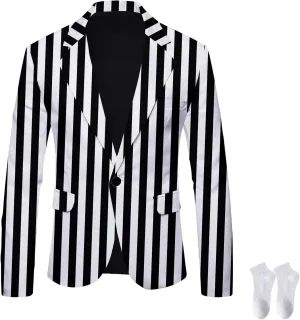 Men's Black and White Striped Blazer, Business Button Casual Slim Fit Pinstripe Suits Party Jacket