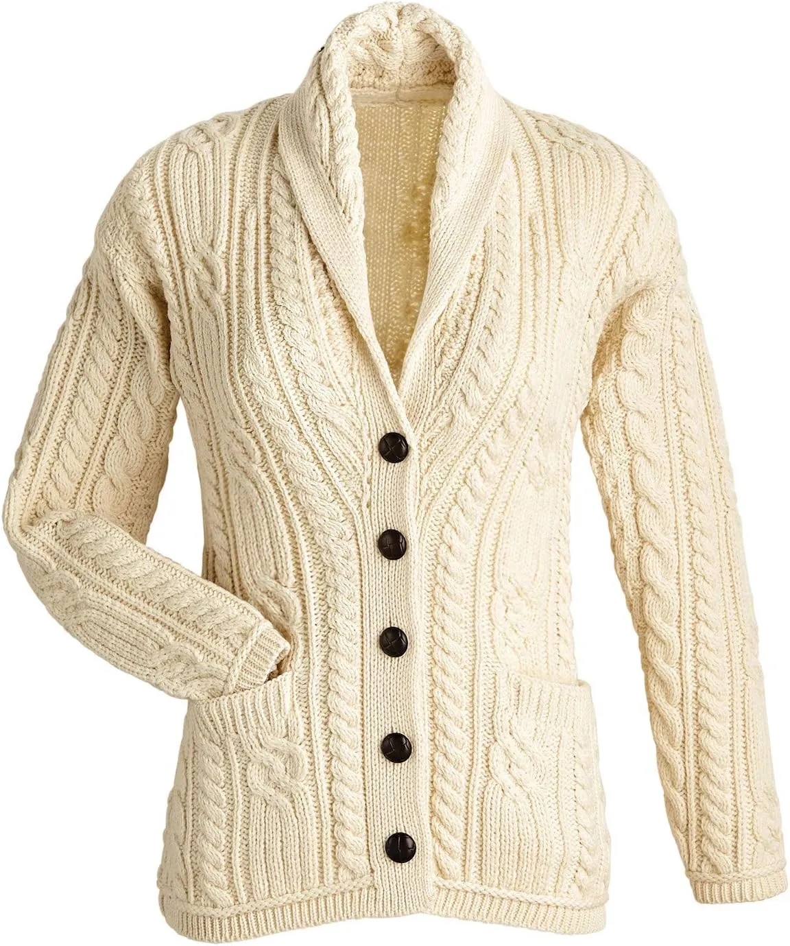 Merino Wool Cable Knit Irish Shawl Cardigan Sweater for Women Made in Ireland