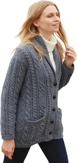 Merino Wool Cable Knit Irish Shawl Cardigan Sweater for Women Made in Ireland