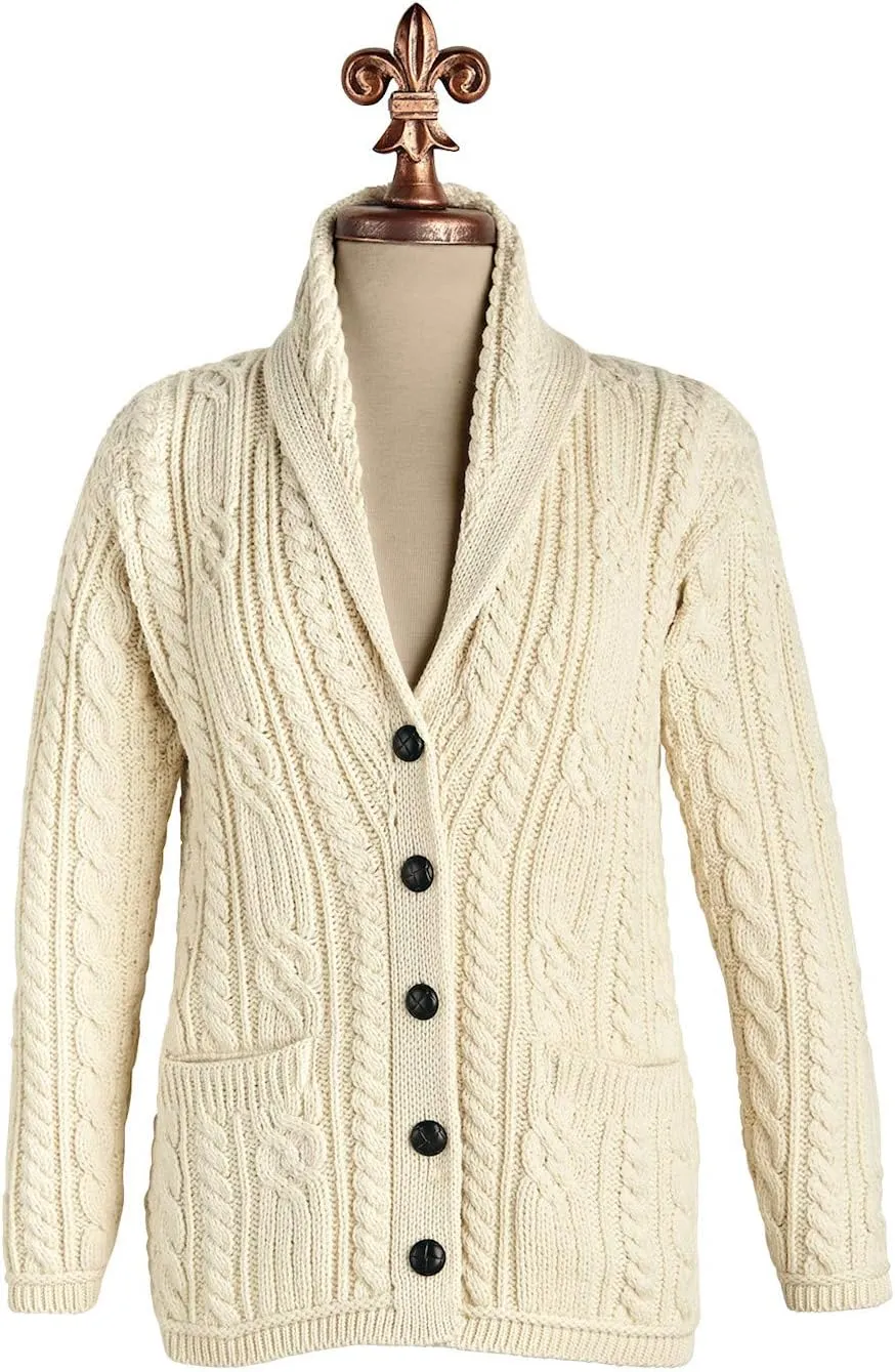 Merino Wool Cable Knit Irish Shawl Cardigan Sweater for Women Made in Ireland