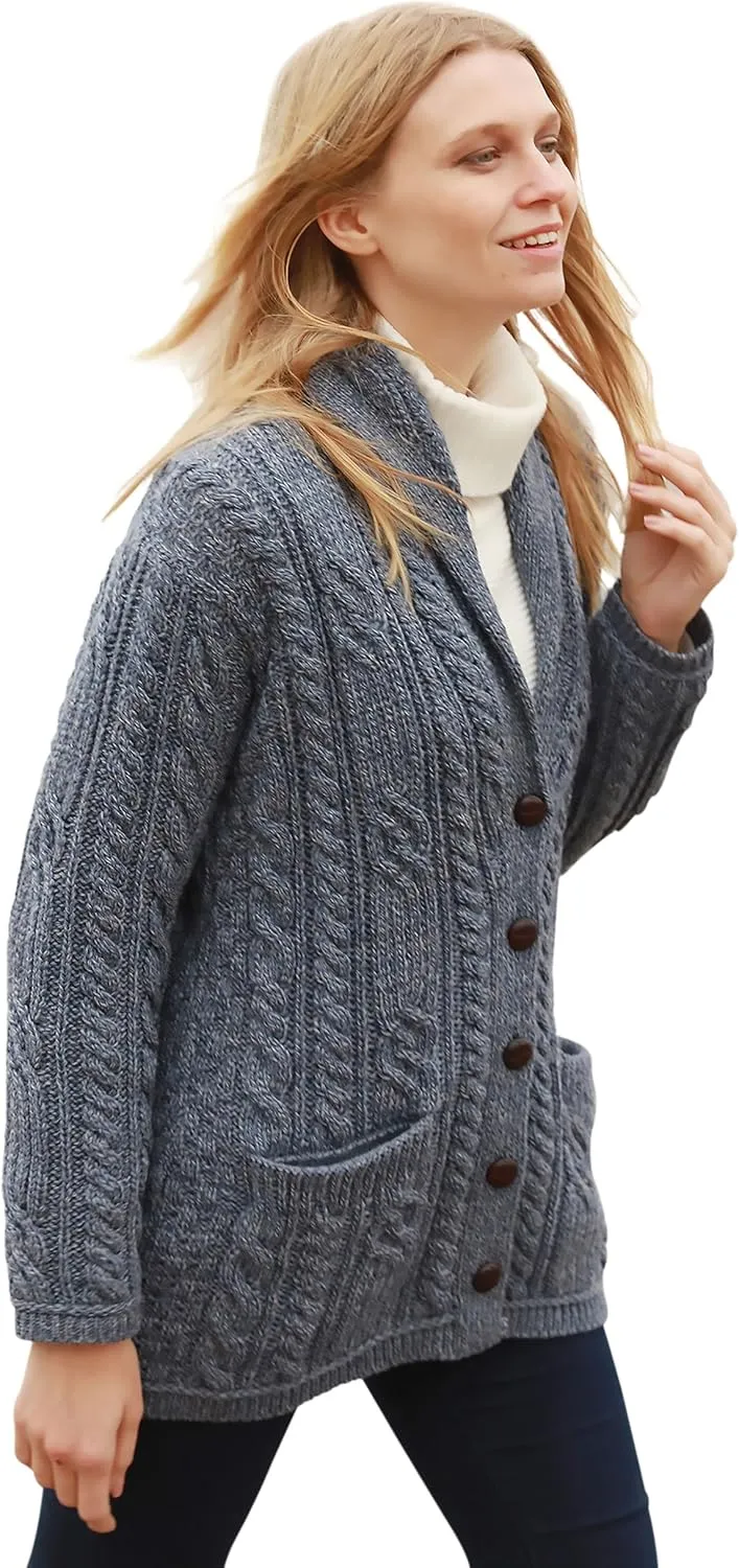 Merino Wool Cable Knit Irish Shawl Cardigan Sweater for Women Made in Ireland