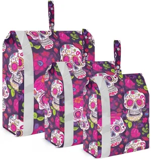 Mexican Sugar Skulls Packing Cubes Set of 3, Lightweight Travel Luggage Organizers Foldable Bags for Easy Packing and Organization