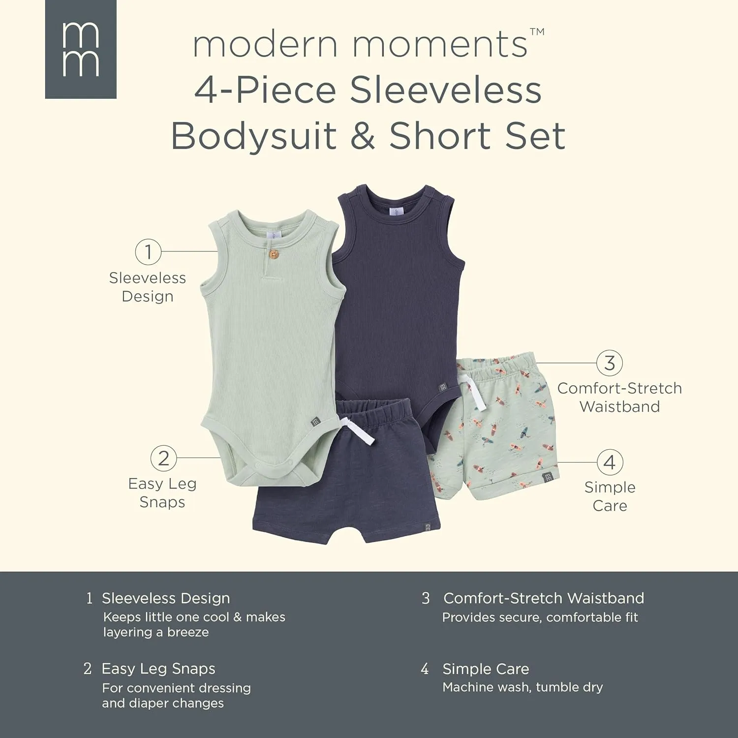 Modern Moments by Gerber Baby Boys' Ribbed 4-piece Sleevless Bodysuit & French Terry Short Set