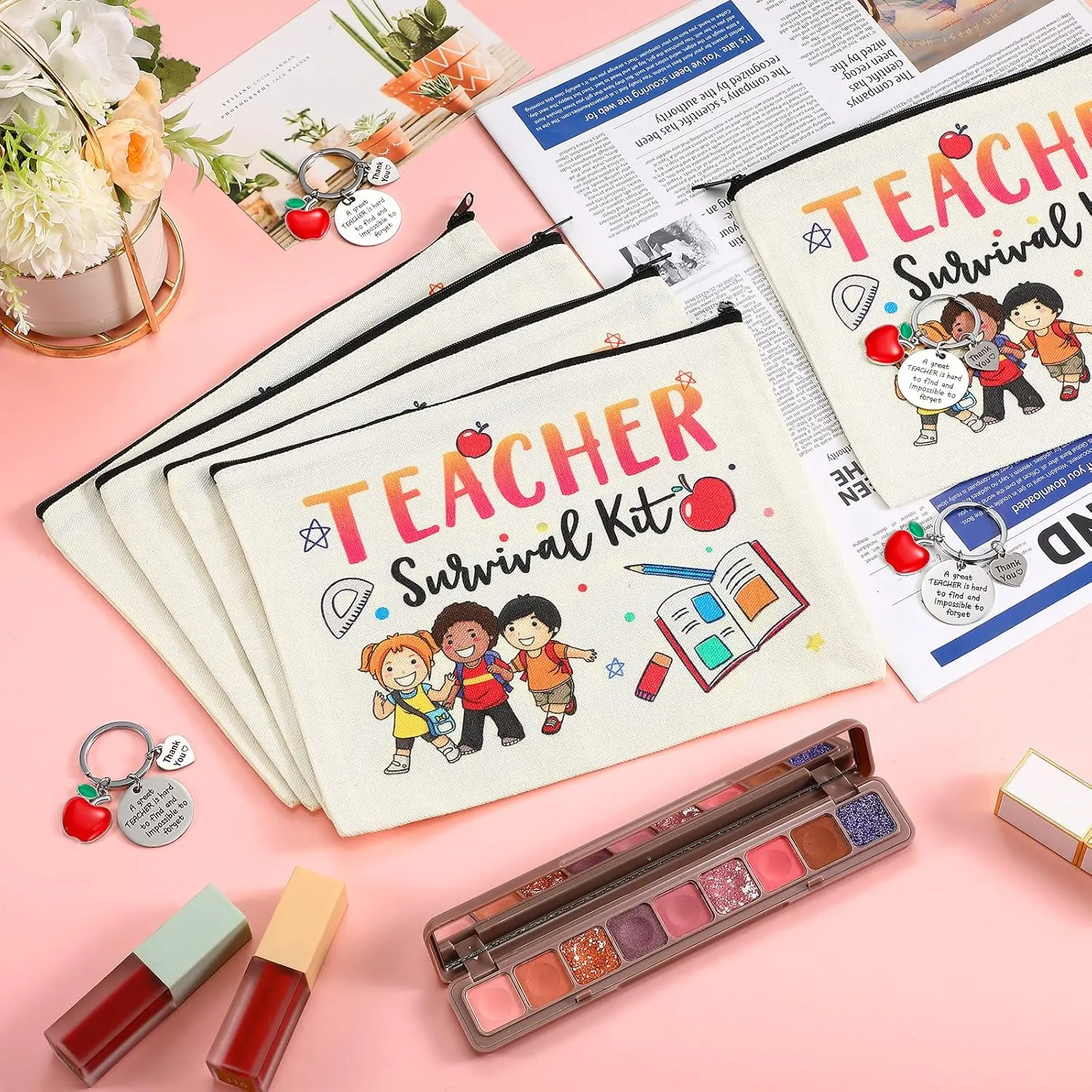 MTLEE 16 Pcs Teachers Appreciation Gift Set 8 Teacher Kit Makeup Cosmetic Bags and 8 Teacher Keychains 2025 Thank You Appreciation Gift Bulk for Graduation(Fresh Style)