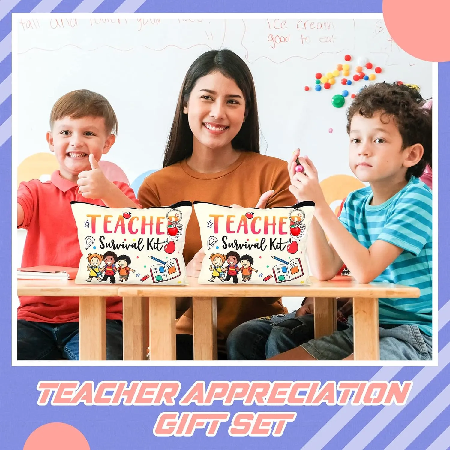 MTLEE 16 Pcs Teachers Appreciation Gift Set 8 Teacher Kit Makeup Cosmetic Bags and 8 Teacher Keychains 2025 Thank You Appreciation Gift Bulk for Graduation(Fresh Style)