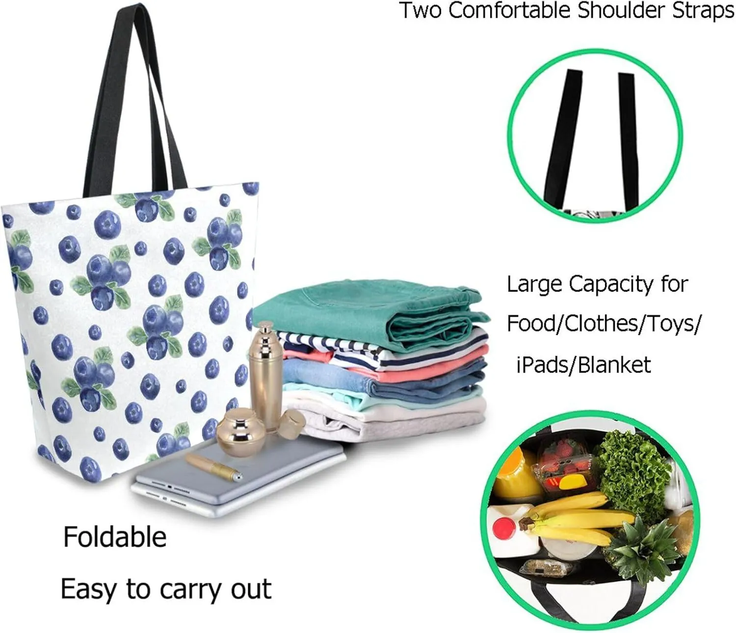 Naanle Womens Extra Large Fresh Blueberries Leaves Canvas Reusable Market Beach Travel Gym Shopping Shoulder Tote Bag