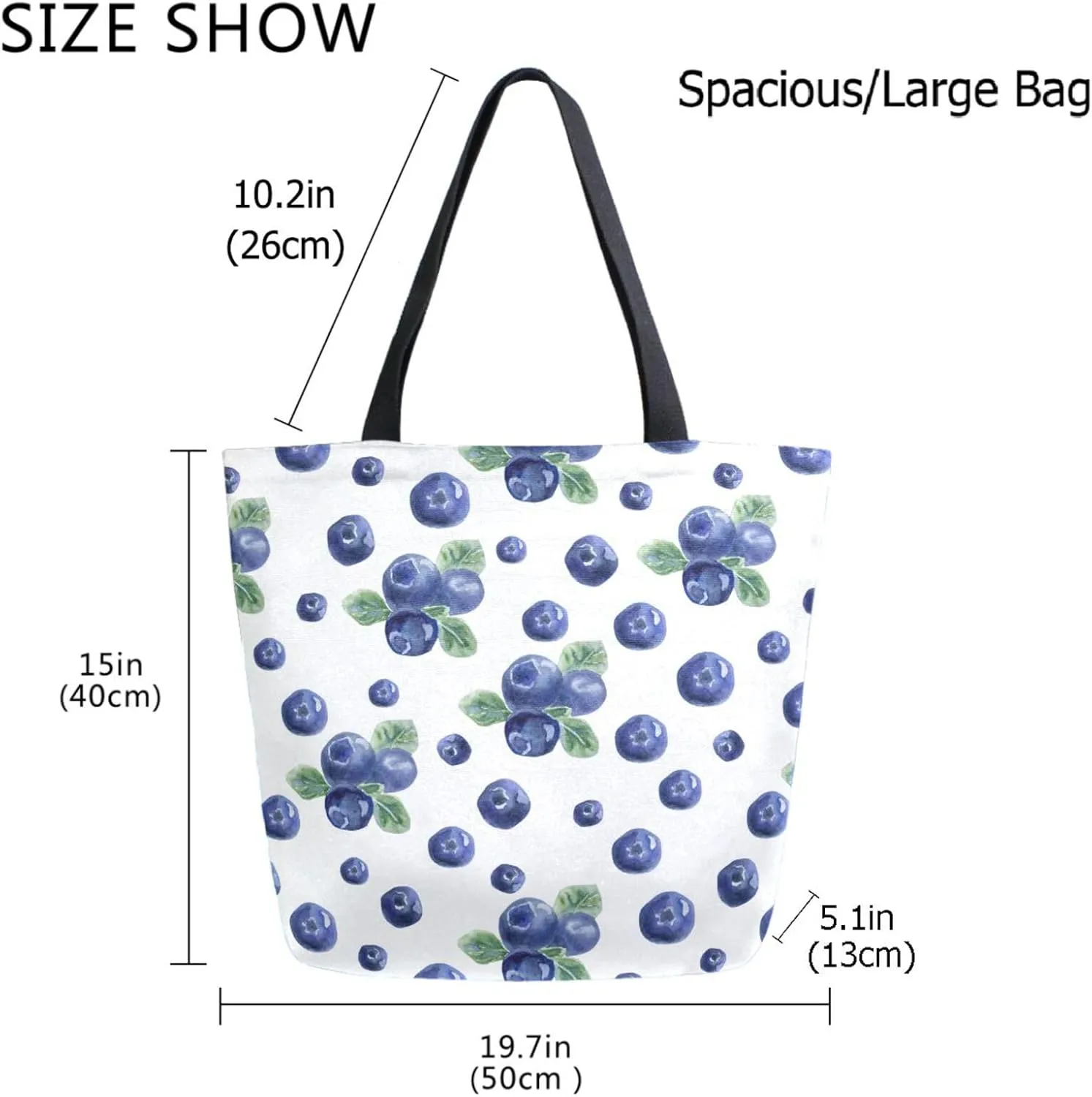 Naanle Womens Extra Large Fresh Blueberries Leaves Canvas Reusable Market Beach Travel Gym Shopping Shoulder Tote Bag