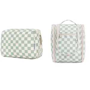 Narwey Checkered Makeup Bag with Hanging Travel Toiletry Bag for Women