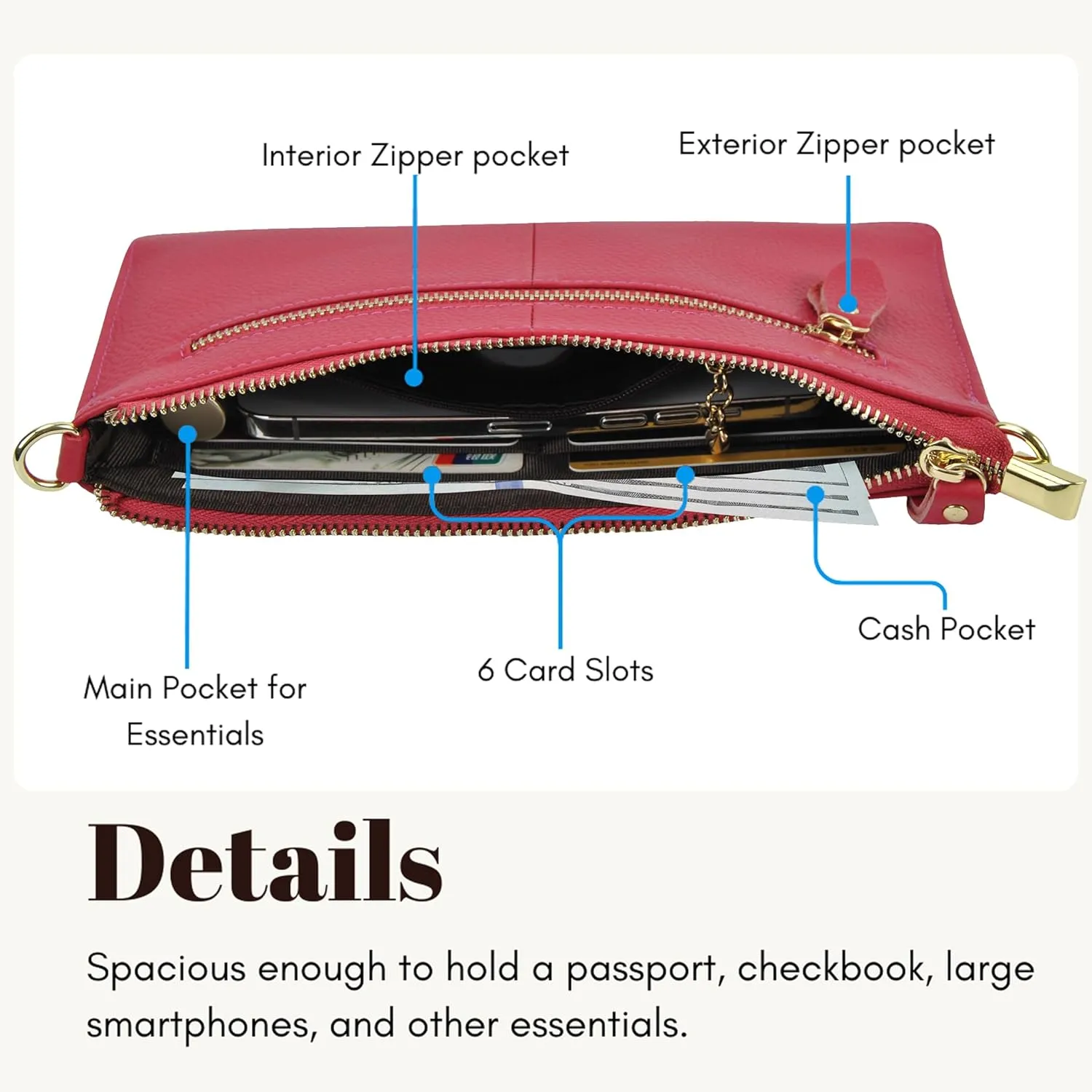 NGIL Women Genuine Leather Crossbody Wristlet, Women's Handbag, Chic Shoulder Bag Small Wristlet Wallet, Golden Accent Zipper