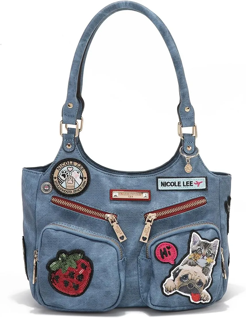 Nicole Lee Multi-Patch Shoulder Bag, Denim-Look Vegan Leather with Sequin Strawberry, Cat and Dog Prints, Medium Handbag (BLUE)