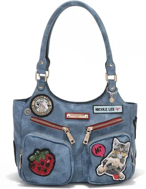 Nicole Lee Multi-Patch Shoulder Bag, Denim-Look Vegan Leather with Sequin Strawberry, Cat and Dog Prints, Medium Handbag (BLUE)
