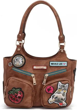 Nicole Lee Multi-Patch Shoulder Bag, Denim-Look Vegan Leather with Sequin Strawberry, Cat and Dog Prints, Medium Handbag (BROWN)