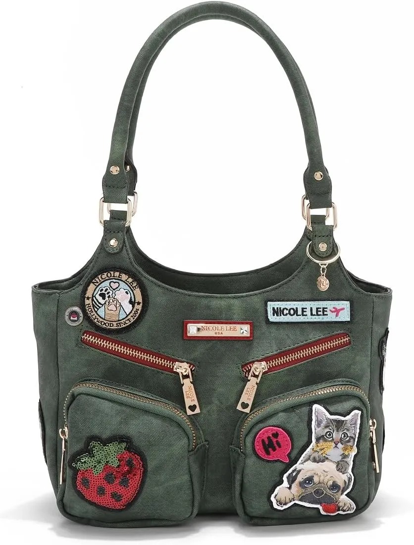 Nicole Lee Multi-Patch Shoulder Bag, Denim-Look Vegan Leather with Sequin Strawberry, Cat and Dog Prints, Medium Handbag (GREEN)