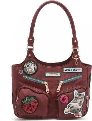 Nicole Lee Multi-Patch Shoulder Bag, Denim-Look Vegan Leather with Sequin Strawberry, Cat and Dog Prints, Medium Handbag (RED)