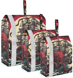 Ocean Boat Octopus Packing Cubes Set of 3, Lightweight Travel Luggage Organizers Foldable Bags for Easy Packing and Organization