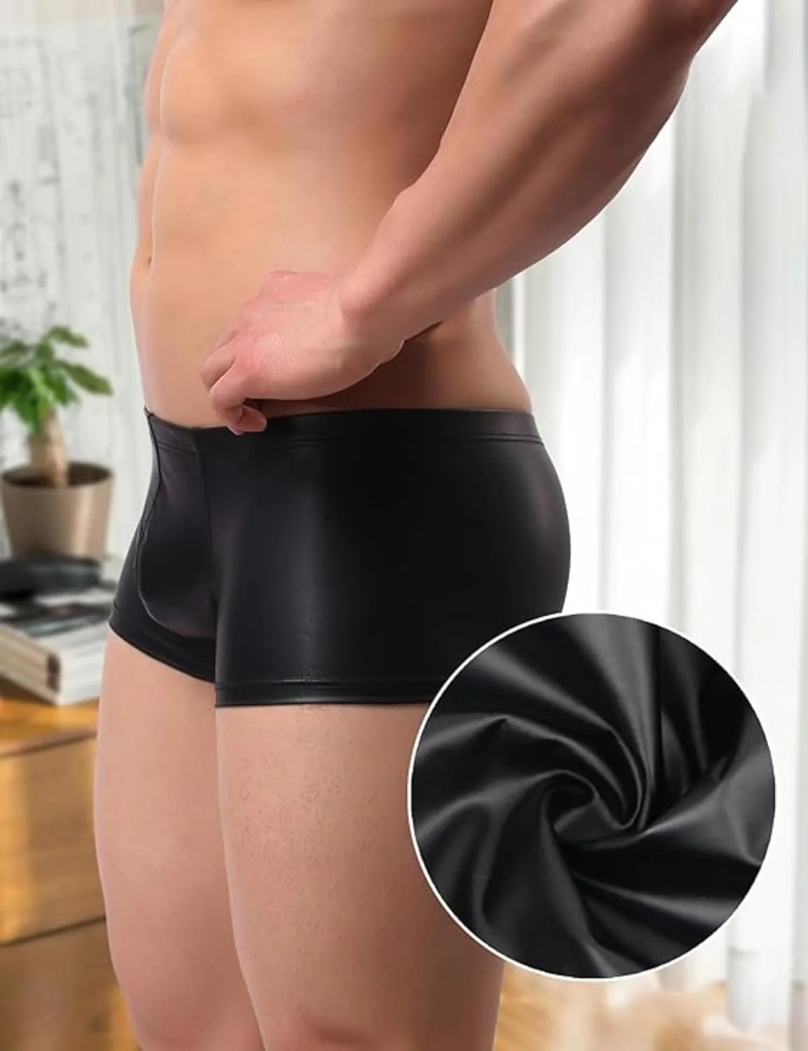 ohmydear Men's Boxer Briefs Glossy Shorts Faux Leather Sexy Underwear for Man Wetlook Elastic Low Rise Boxer Underpants