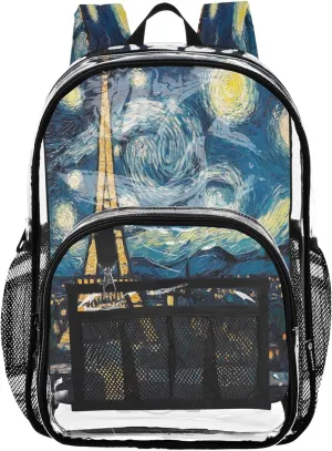 Paris Eiffel Towel Starry Night Backpack School, Large Clear Bag, Book Bag