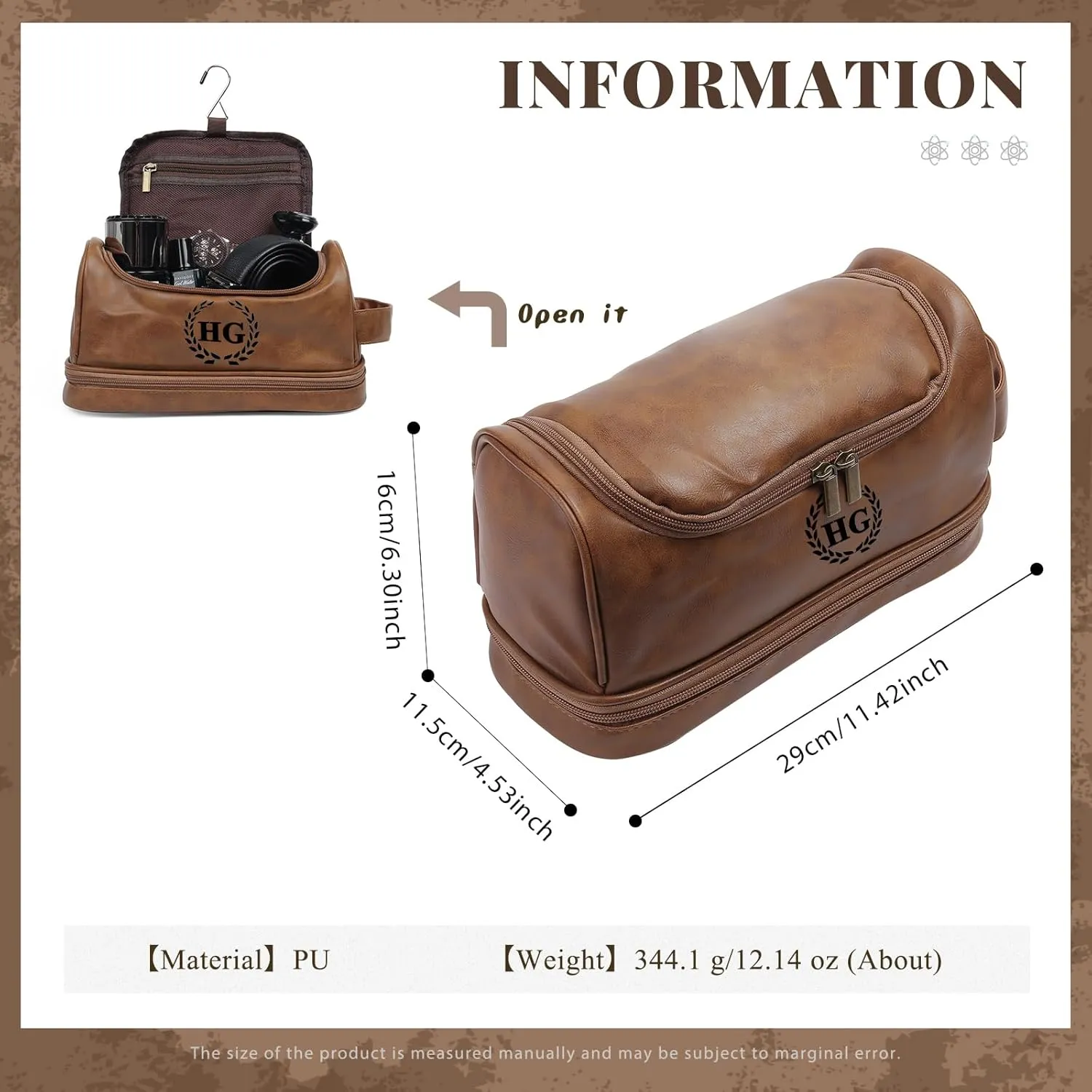 Personalized Toiletry Bag for Men - Custom Name or Initials Leather Dopp Kit,Hanging Toiletry Bag for Men Gift for Birthday, Christmas, or Fathers Day