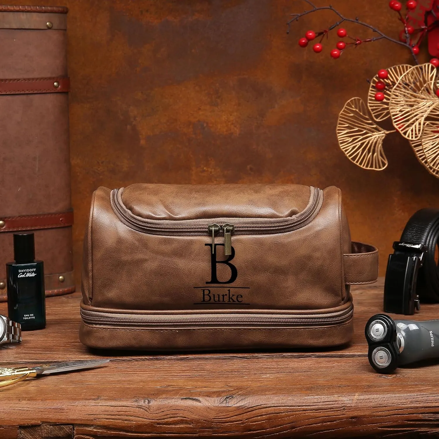 Personalized Toiletry Bag for Men - Custom Name or Initials Leather Dopp Kit,Hanging Toiletry Bag for Men Gift for Birthday, Christmas, or Fathers Day