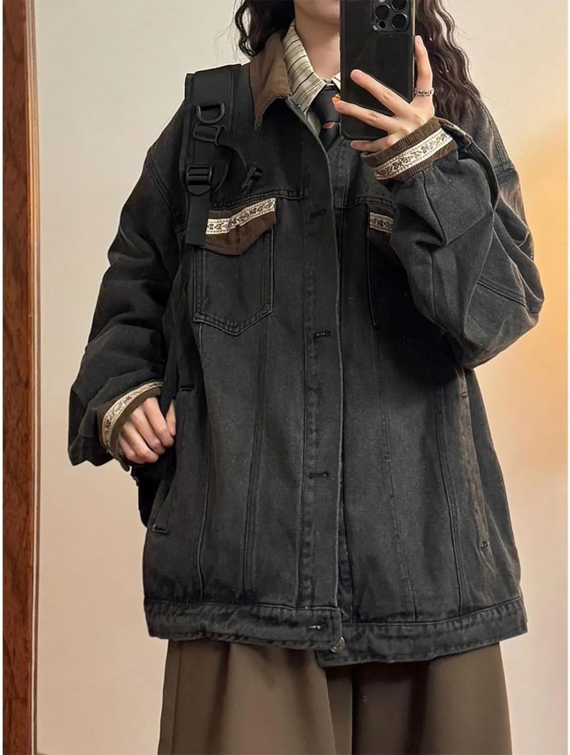 Preppy Lace Trim Denim Jacket Shacket for Women Button Down Vintage Jacket with Pockets Shoujo Clothes Mori Girl