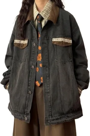 Preppy Lace Trim Denim Jacket Shacket for Women Button Down Vintage Jacket with Pockets Shoujo Clothes Mori Girl