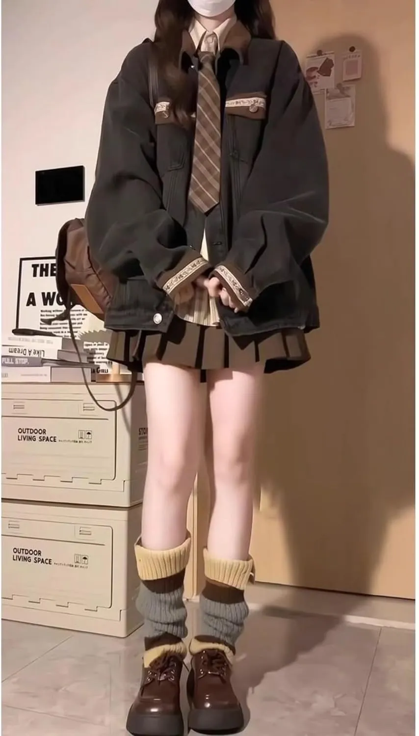 Preppy Lace Trim Denim Jacket Shacket for Women Button Down Vintage Jacket with Pockets Shoujo Clothes Mori Girl