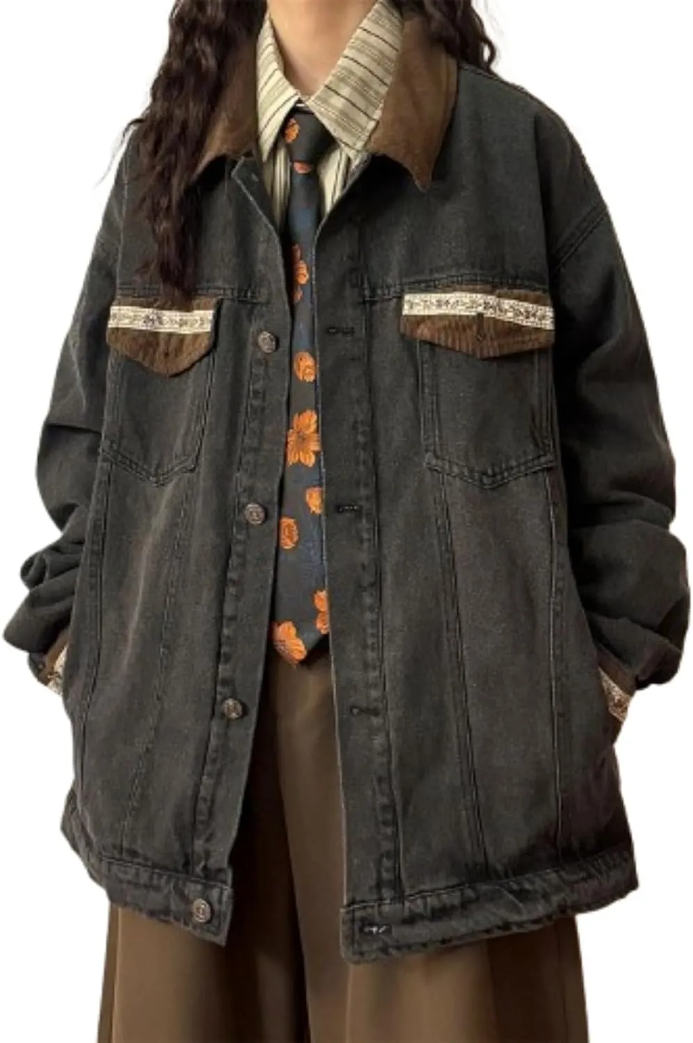 Preppy Lace Trim Denim Jacket Shacket for Women Button Down Vintage Jacket with Pockets Shoujo Clothes Mori Girl