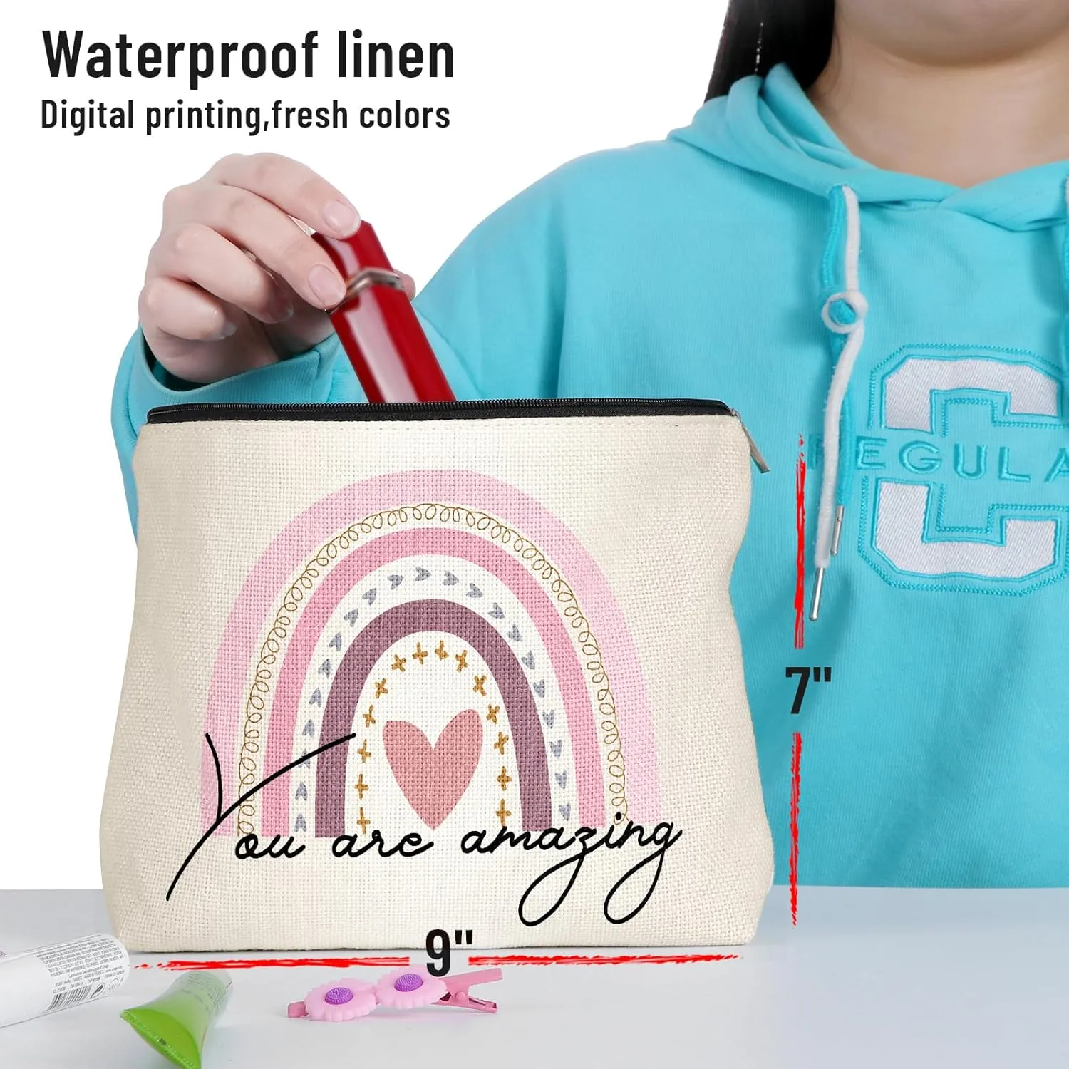 Rainbow Cosmetic Bag Teacher Nurse Inspirational Gift Bags for Women Girls You Are Loved Beautiful Kind Makeup Bag Canvas Purse Pouch for Toiletry Travel (Fresh) Waterproof Zipper Pouch Bag