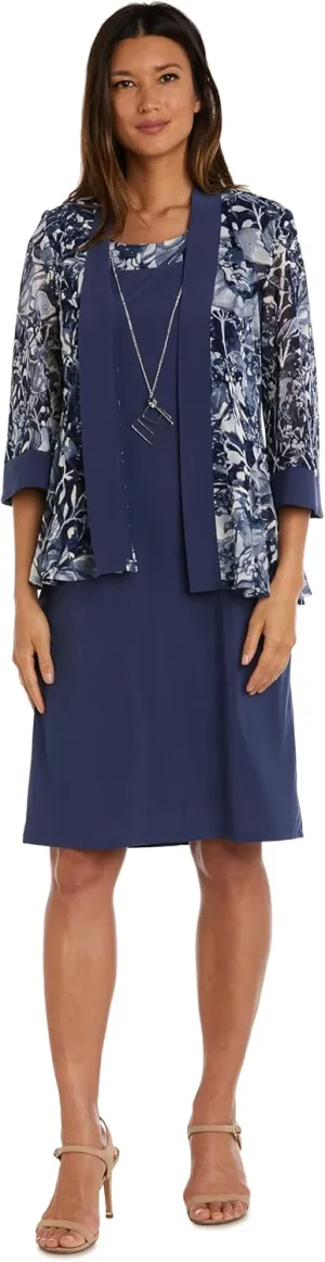 R&M Richards 2PC Formal Puff Print Sheer Jacket W/Tank Dress & Detachable Necklace