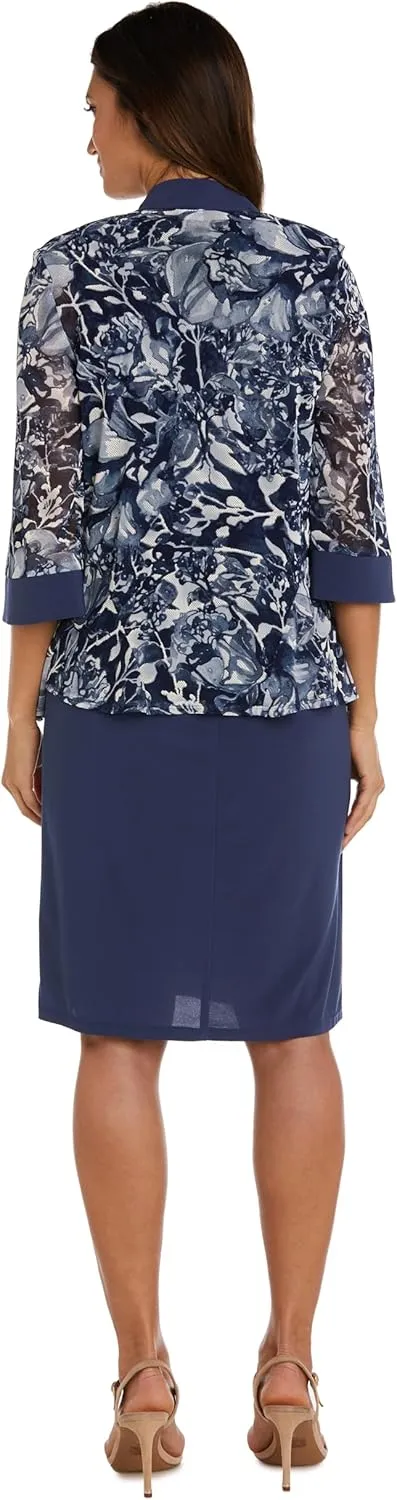 R&M Richards 2PC Formal Puff Print Sheer Jacket W/Tank Dress & Detachable Necklace