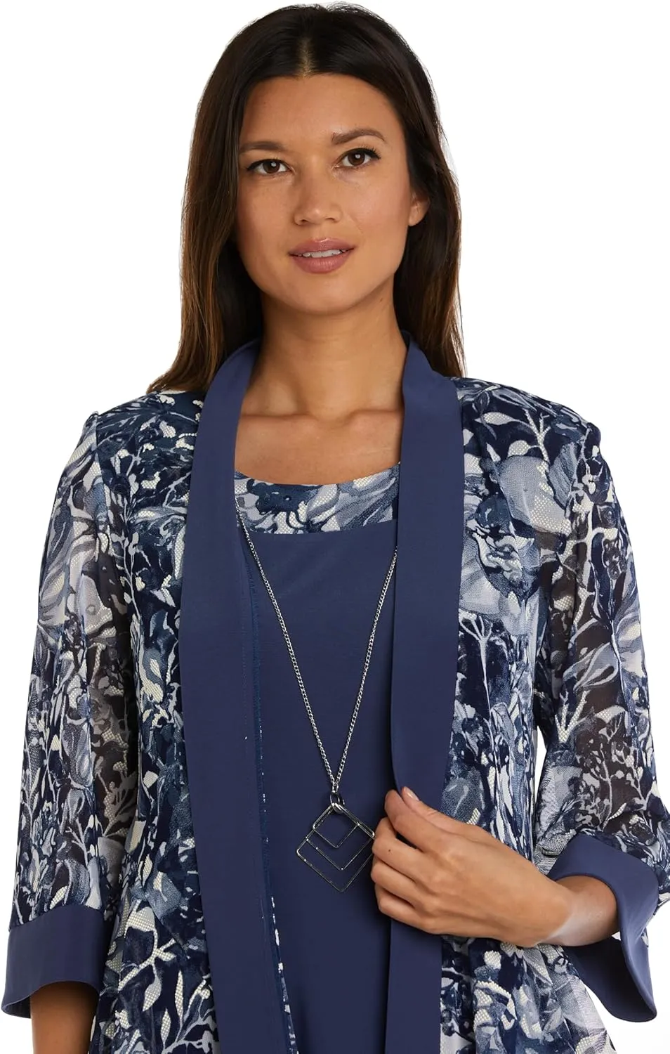 R&M Richards 2PC Formal Puff Print Sheer Jacket W/Tank Dress & Detachable Necklace