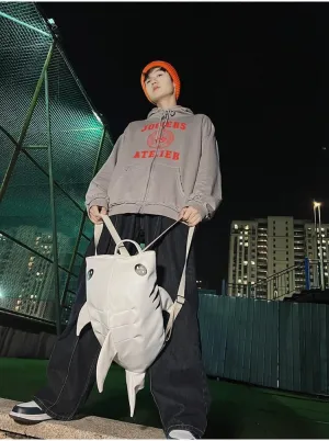 Retro Shark PU Backpack for Women Dual-Strap Shoulder Bag Harajuku Aesthetic Bucket Bag for Hand-Carry Fashionable (White)