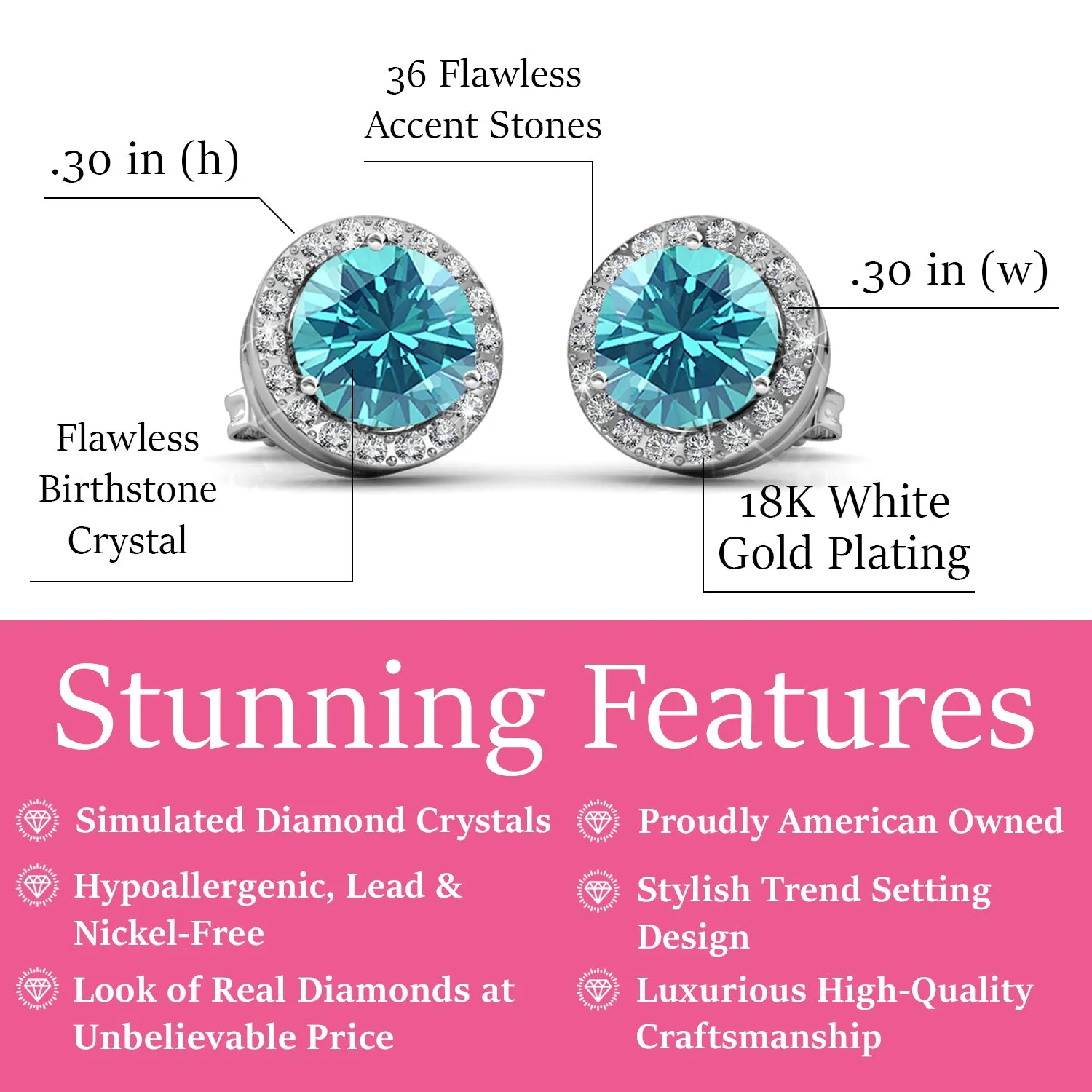 Royal 18k White Gold Plated Birthstone Halo Earrings with Round Cut Crystals