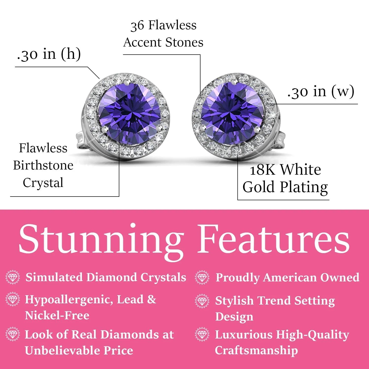 Royal 18k White Gold Plated Birthstone Halo Earrings with Round Cut Crystals