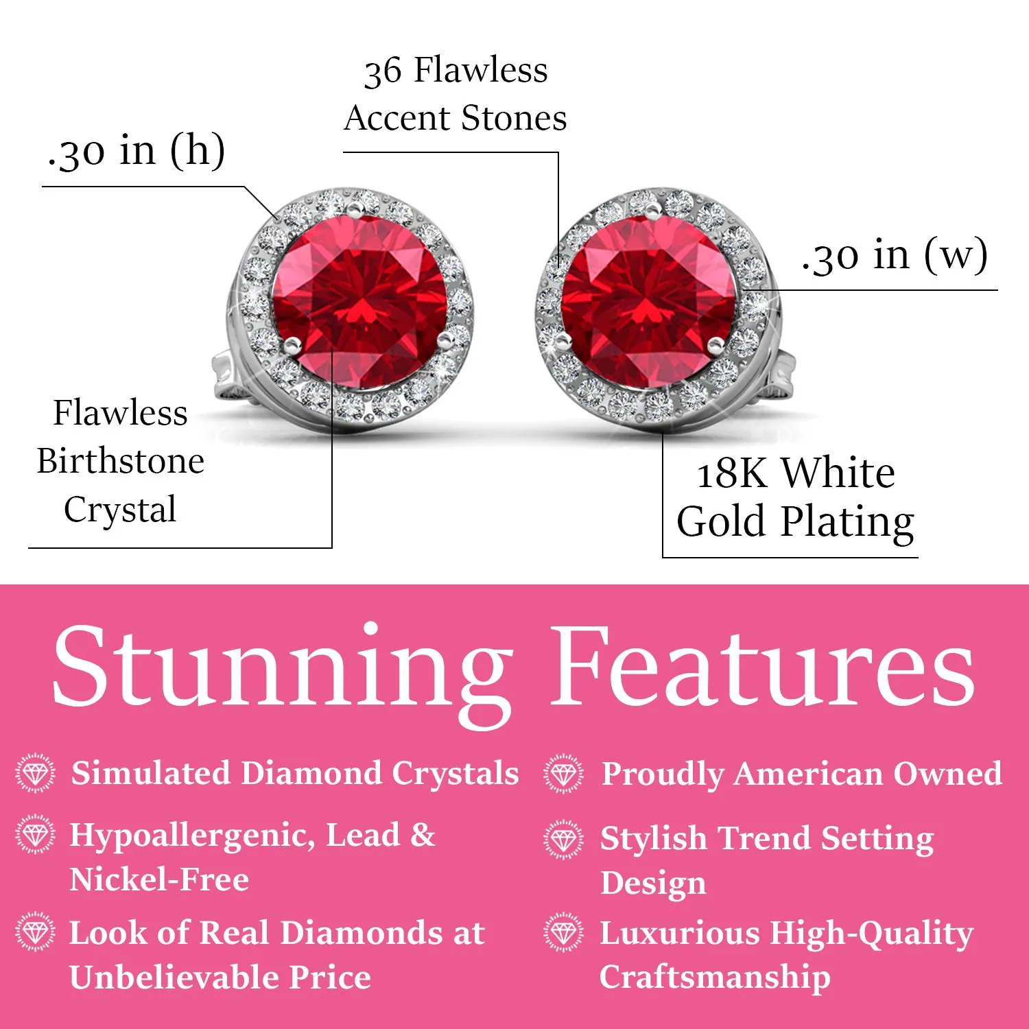 Royal 18k White Gold Plated Birthstone Halo Earrings with Round Cut Crystals