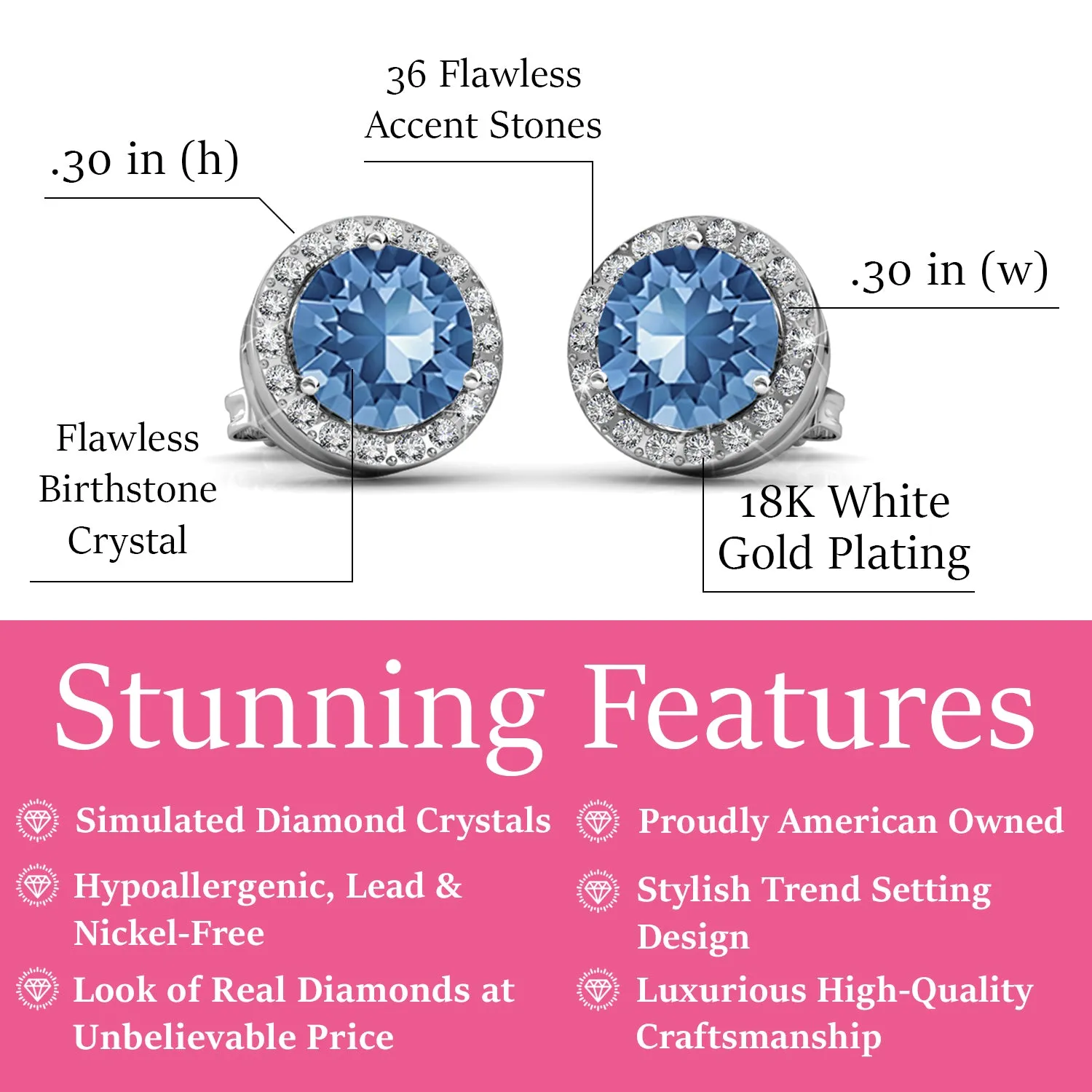 Royal 18k White Gold Plated Birthstone Halo Earrings with Round Cut Crystals