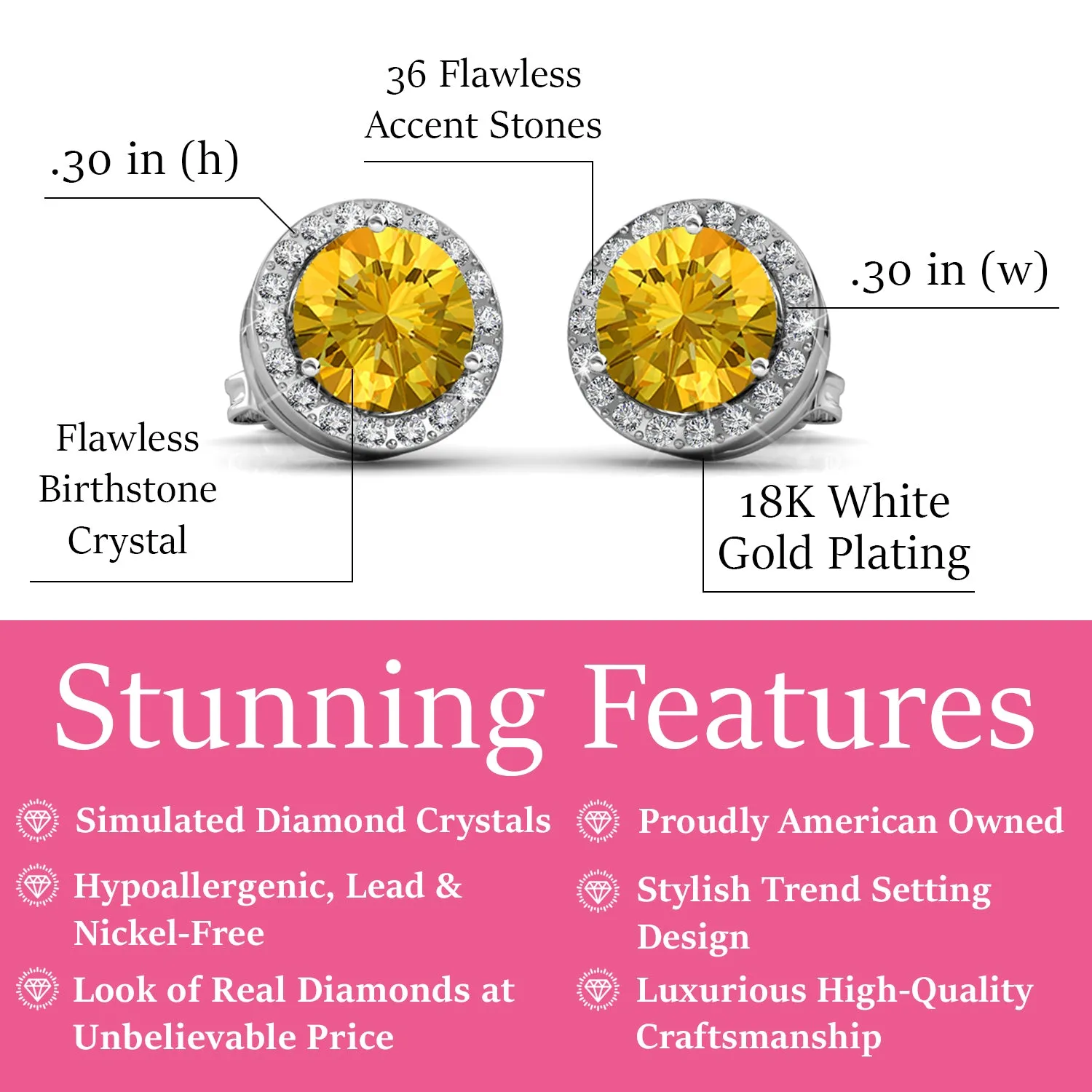 Royal 18k White Gold Plated Birthstone Halo Earrings with Round Cut Crystals
