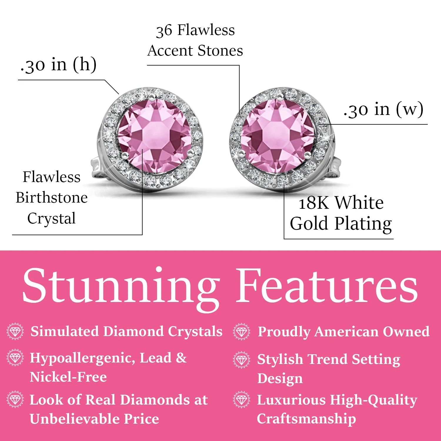 Royal 18k White Gold Plated Birthstone Halo Earrings with Round Cut Crystals