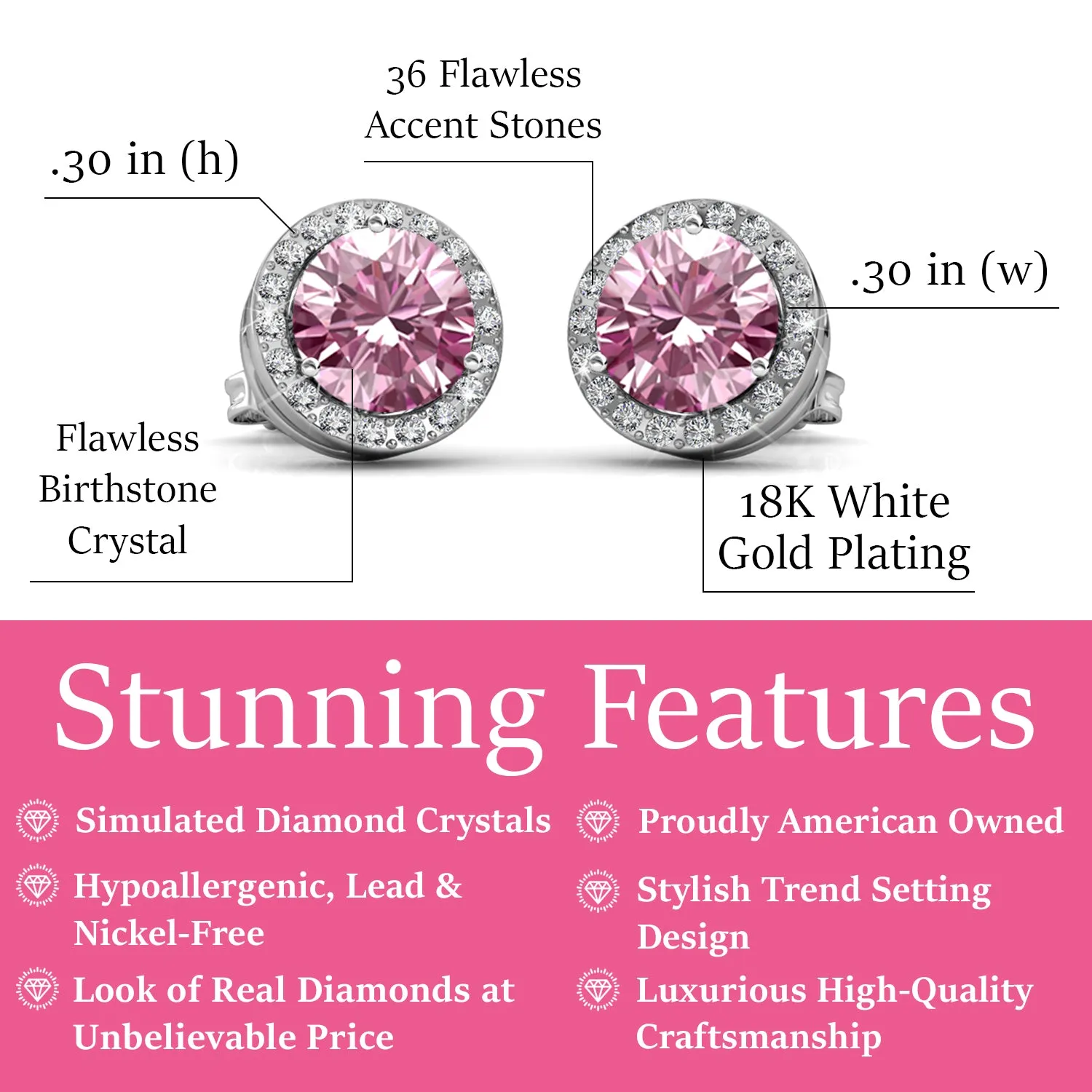 Royal 18k White Gold Plated Birthstone Halo Earrings with Round Cut Crystals