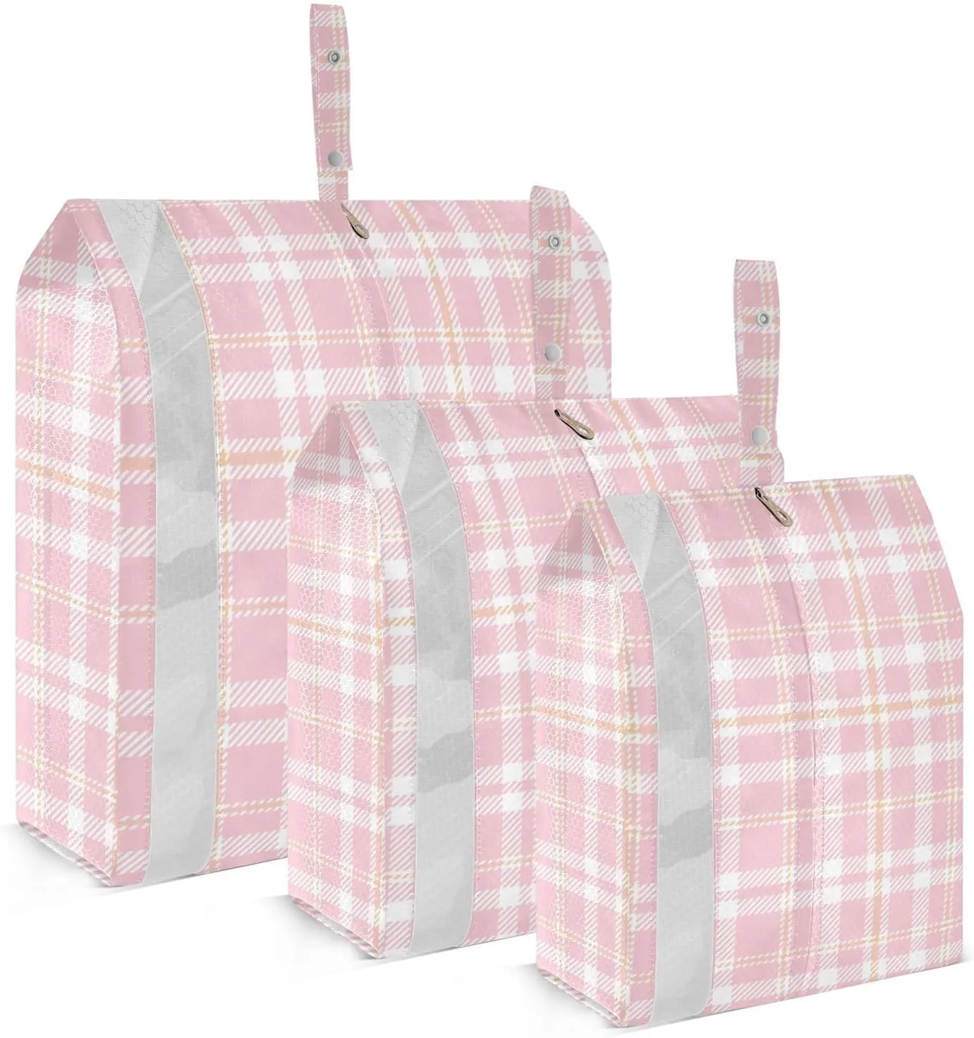 Salmon Pink & Apricot Check Packing Cubes Set of 3, Lightweight Travel Luggage Organizers Foldable Bags for Easy Packing and Organization
