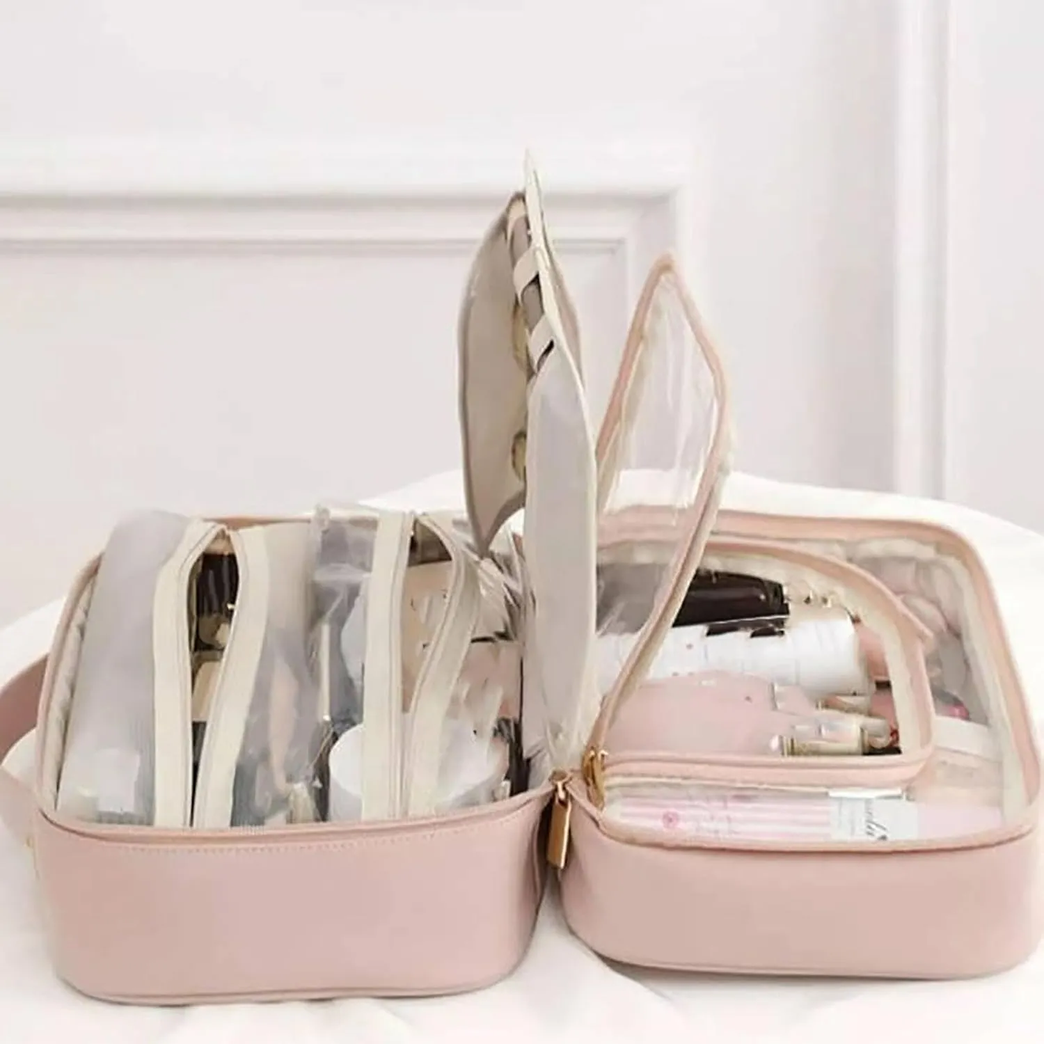 Set Patient Makeup Bag, Set Patient Makeup Pouch, Multi Compartment Toiletry Cosmetic Bag, Travel Makeup Pouch for Women, Portable Water Resistant Versatile Makeup Organizer Bag (1pcs-Beige)