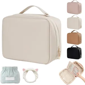 Set Patient Makeup Bag, Set Patient Makeup Pouch, Multi Compartment Toiletry Cosmetic Bag, Travel Makeup Pouch for Women, Portable Water Resistant Versatile Makeup Organizer Bag (1pcs-Beige)