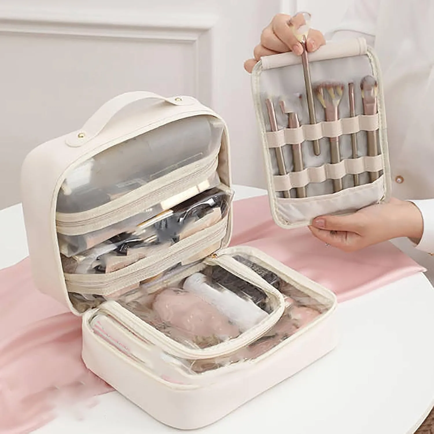 Set Patient Makeup Bag, Set Patient Makeup Pouch, Multi Compartment Toiletry Cosmetic Bag, Travel Makeup Pouch for Women, Portable Water Resistant Versatile Makeup Organizer Bag (1pcs-Beige)
