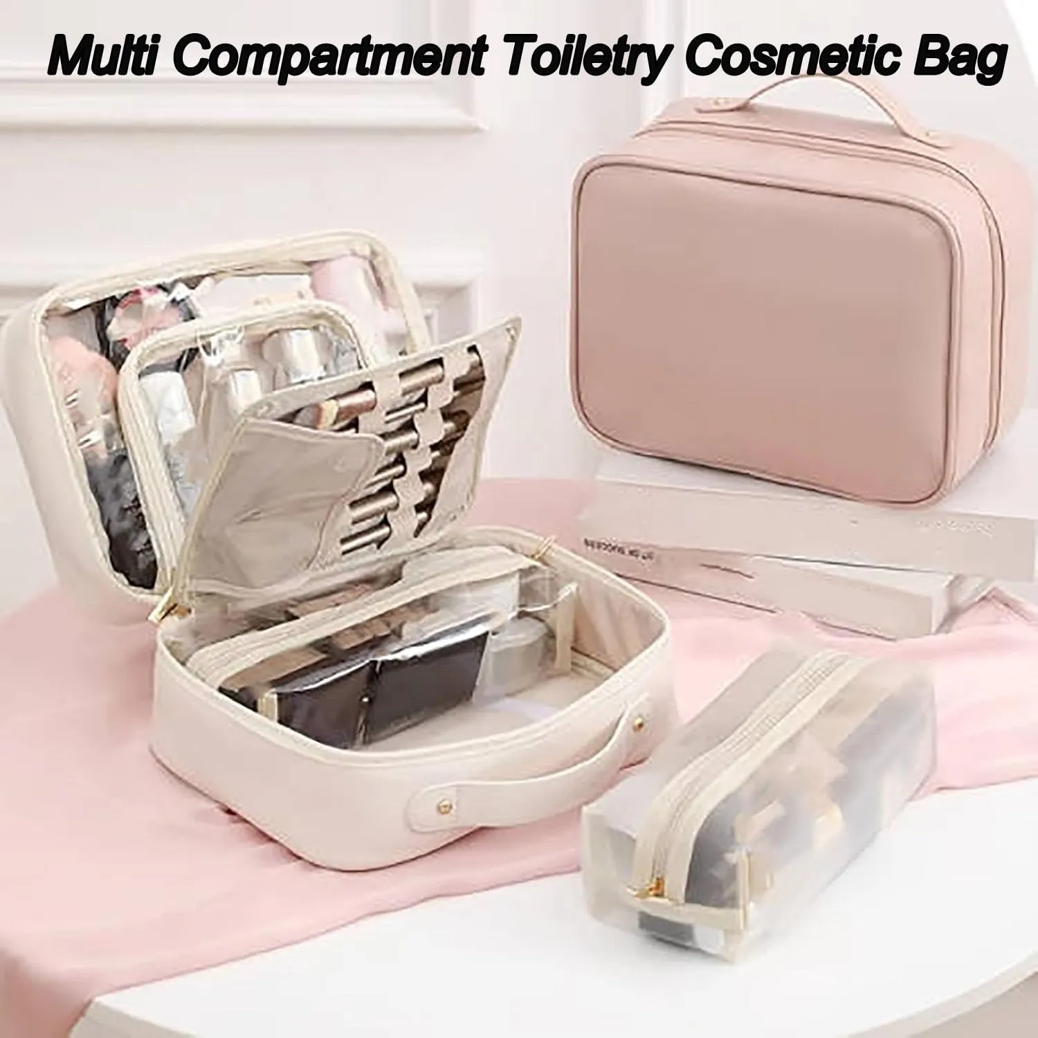Set Patient Makeup Bag, Set Patient Makeup Pouch, Multi Compartment Toiletry Cosmetic Bag, Travel Makeup Pouch for Women, Portable Water Resistant Versatile Makeup Organizer Bag (1pcs-Beige)