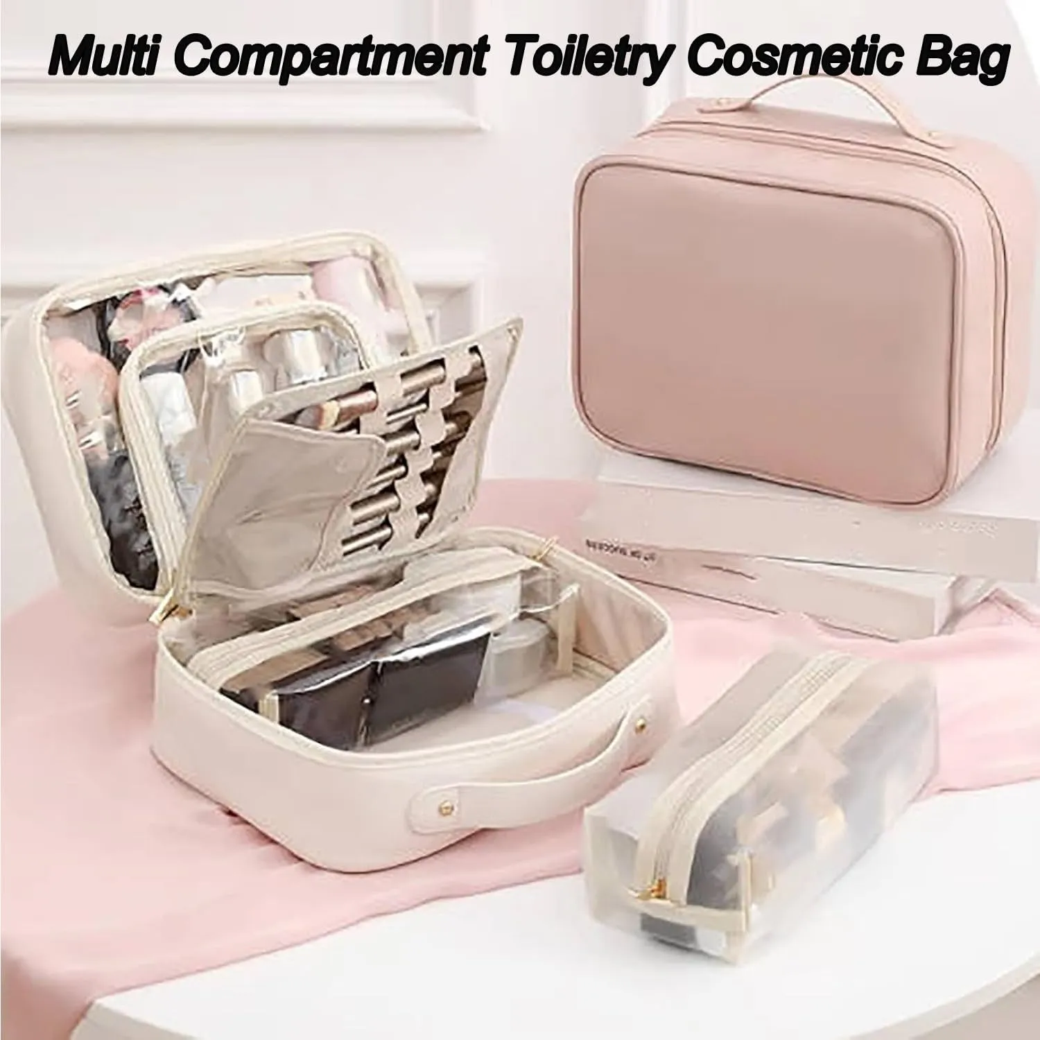Set Patient Makeup Bag, Set Patient Makeup Pouch, Multi Compartment Toiletry Cosmetic Bag, Travel Makeup Pouch for Women, Portable Water Resistant Versatile Makeup Organizer Bag (Black Set)