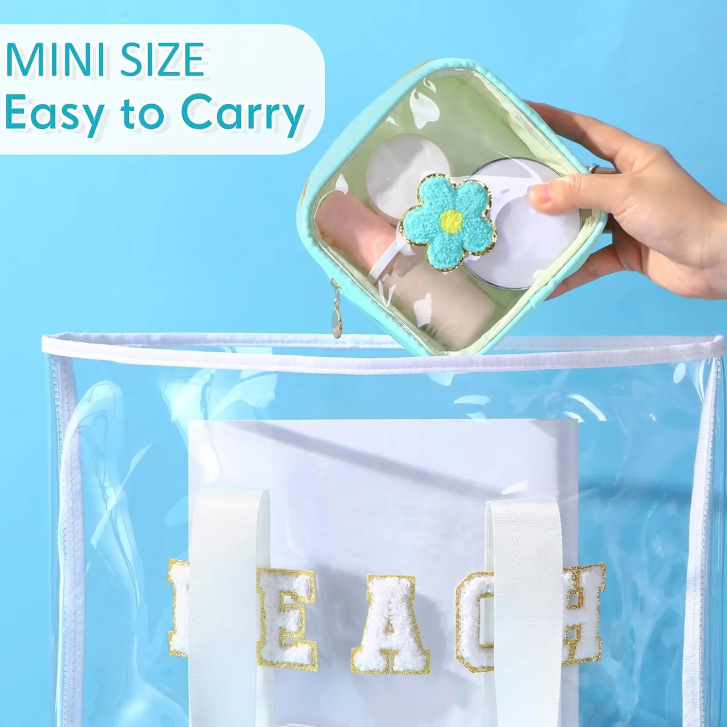 Silkfly 6 Pcs Preppy Patch Makeup Bag Mini Clear Chenille Letter Pouch Cute Cosmetic Bag with Zipper Small Transparent Toiletry Bags for Travel Women, 4.7 x 5.12 Inches(Fresh Colors,Style 3)