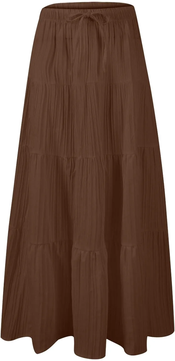 Skirt for Women Pleated Ruffled Tiered Maxi Length Skorts Drawstring Loose Stretchy High Waist Basic Casual 2025 Y2K