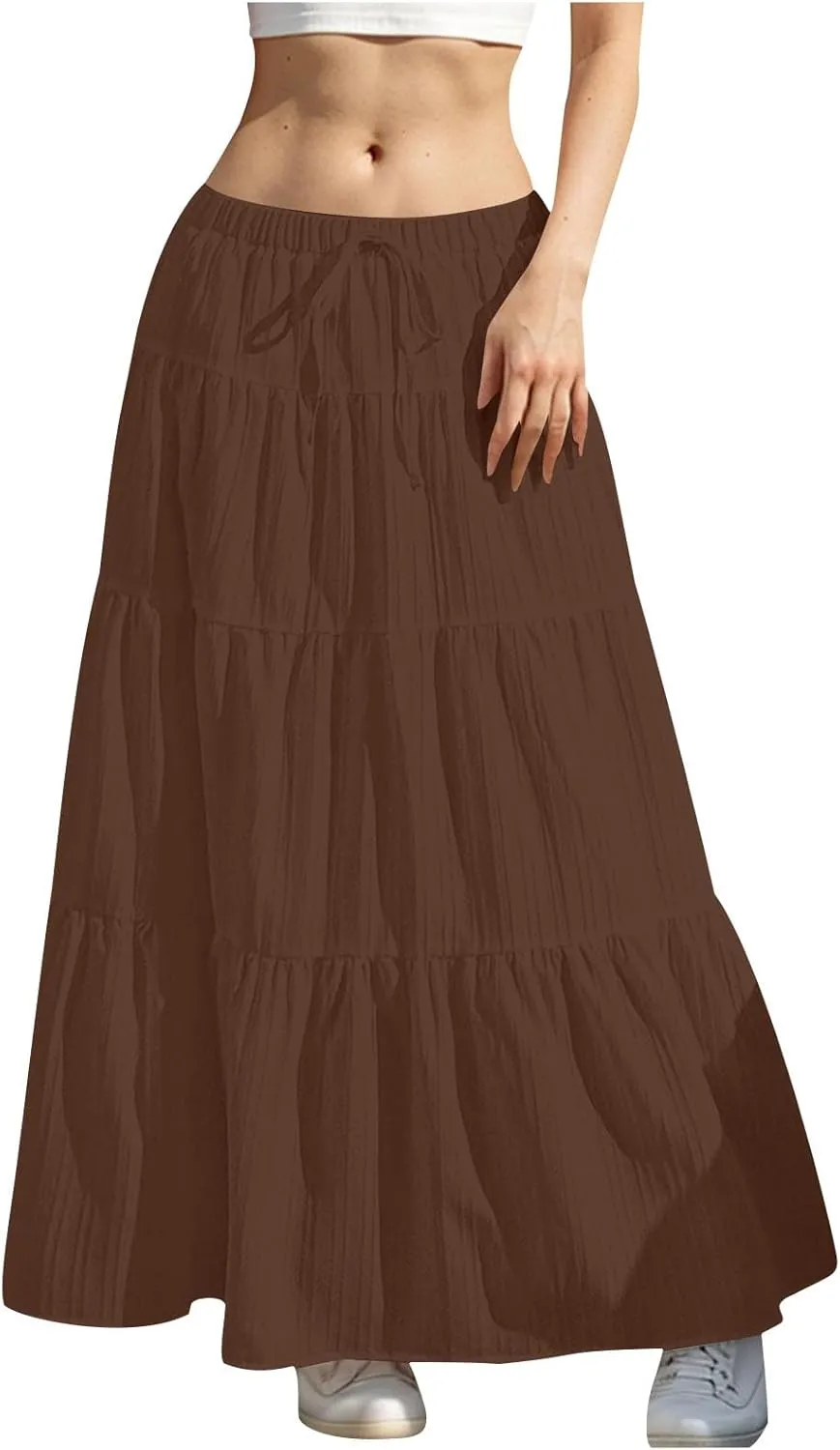 Skirt for Women Pleated Ruffled Tiered Maxi Length Skorts Drawstring Loose Stretchy High Waist Basic Casual 2025 Y2K