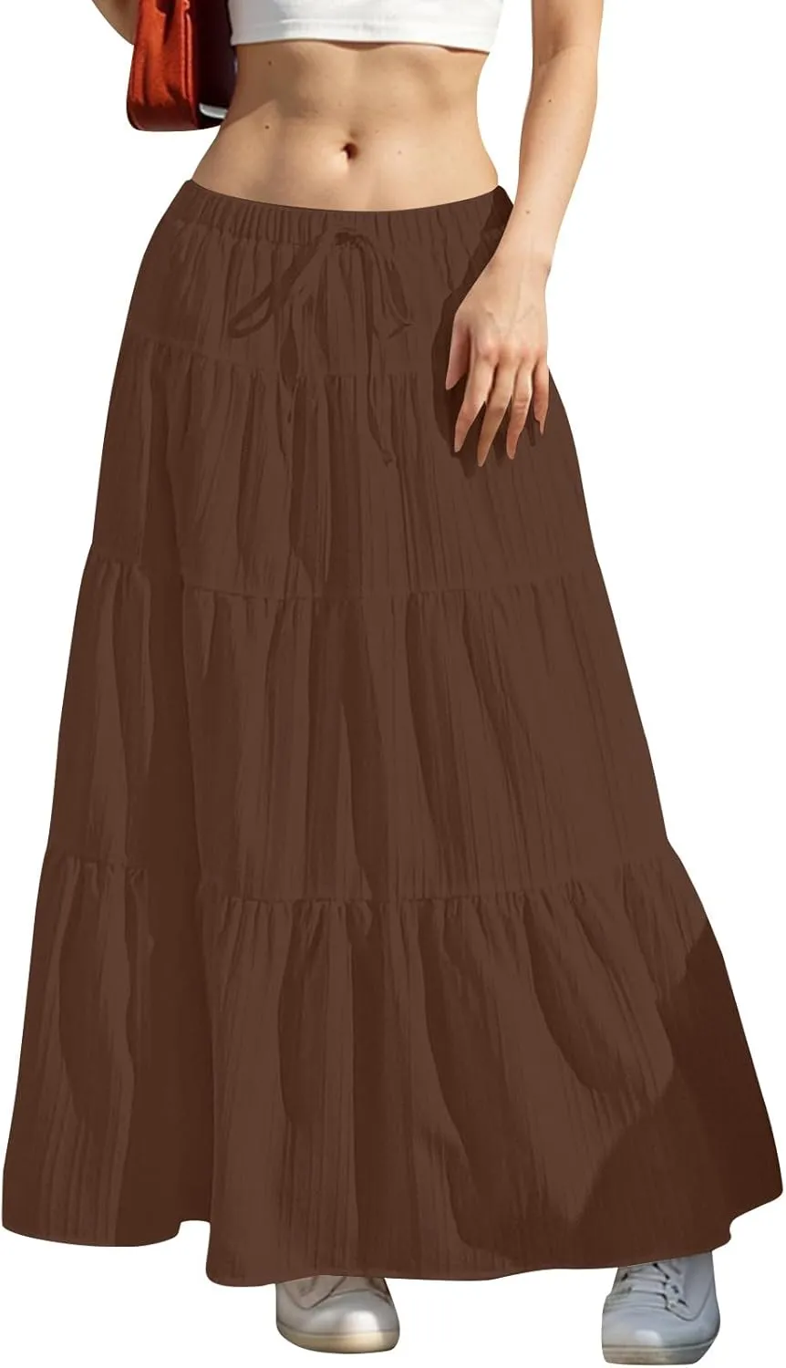 Skirt for Women Pleated Ruffled Tiered Maxi Length Skorts Drawstring Loose Stretchy High Waist Basic Casual 2025 Y2K
